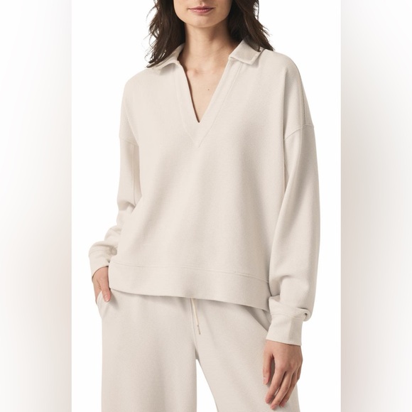 Splendid Tops - Splendid Waffle Scuba Knit Polo Sweatshirt Cream